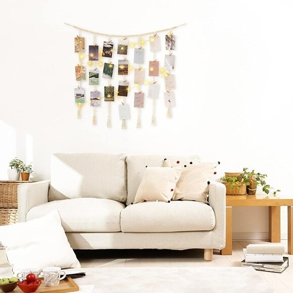 NEWMacrame Hanging Photo Display Wall Decor with String Lights,